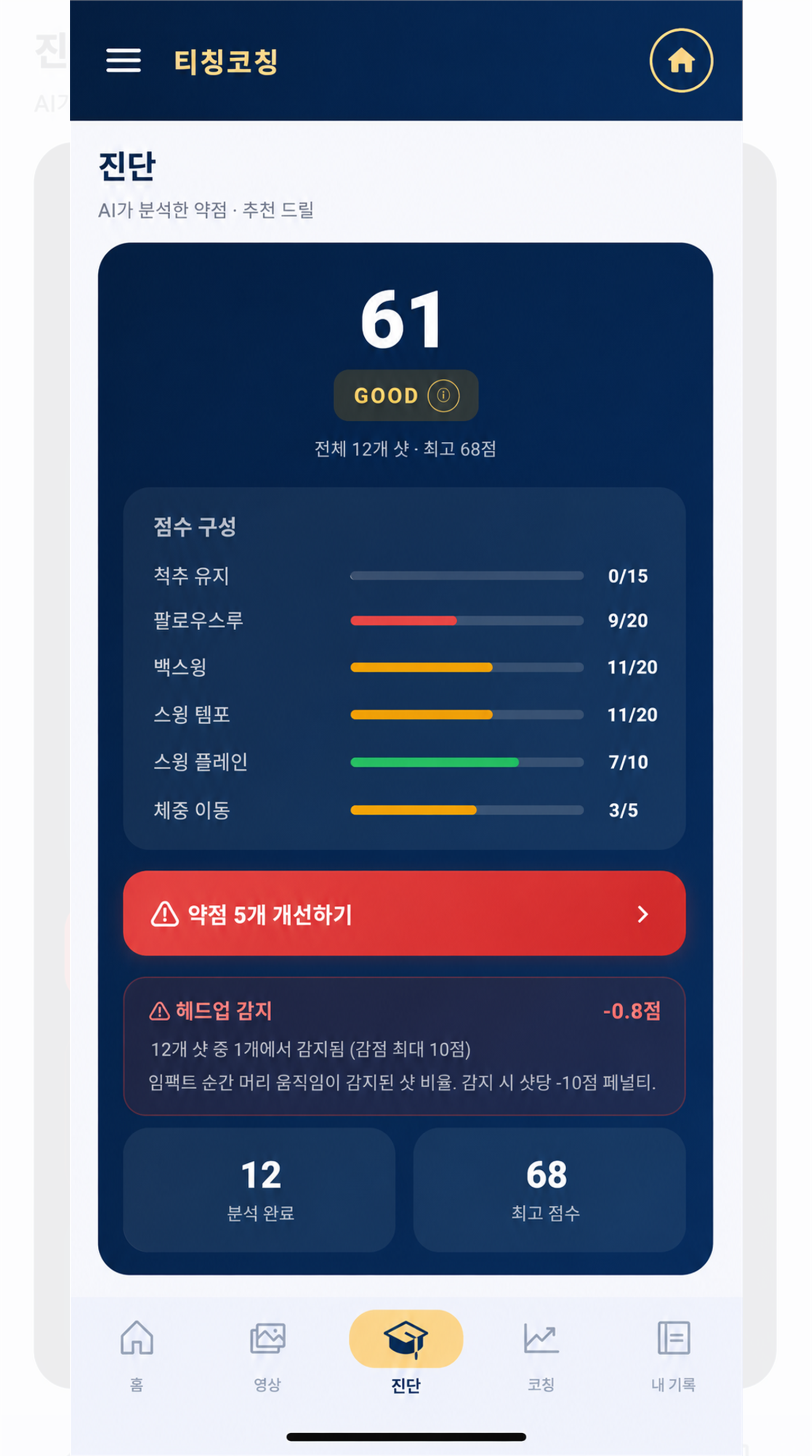스윙 분석 진단 화면